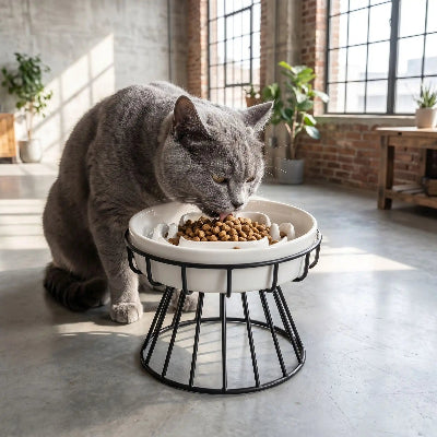 Chat gris qui mange dans gamelles anti glouton chat PataSnack