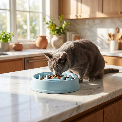 Chat gris qui mange dans gamelles anti glouton chat bleue