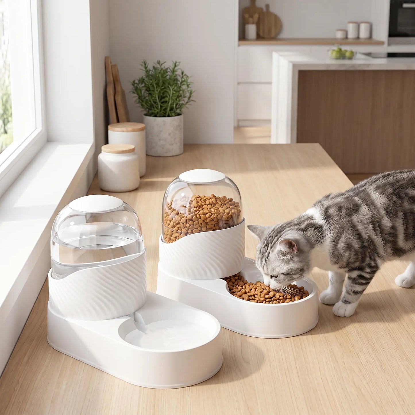 Chat gris qui mange dans le distributeur croquette chat PureFeeder-Set