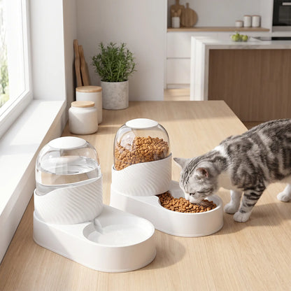 Chat gris qui mange dans le distributeur croquette chat PureFeeder-Set