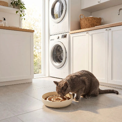 chat gris qui mange dans sa gamelle anti glouton chat posee au sol