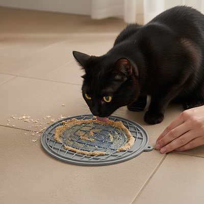 Chat noir et son Tapis de lechage bleu