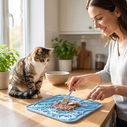chat qui attend assis devant son tapis de lechage chat