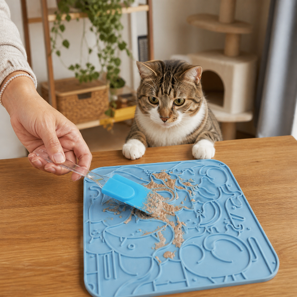 chat qui attend sa pate devant son tapis de lechage chat bleu