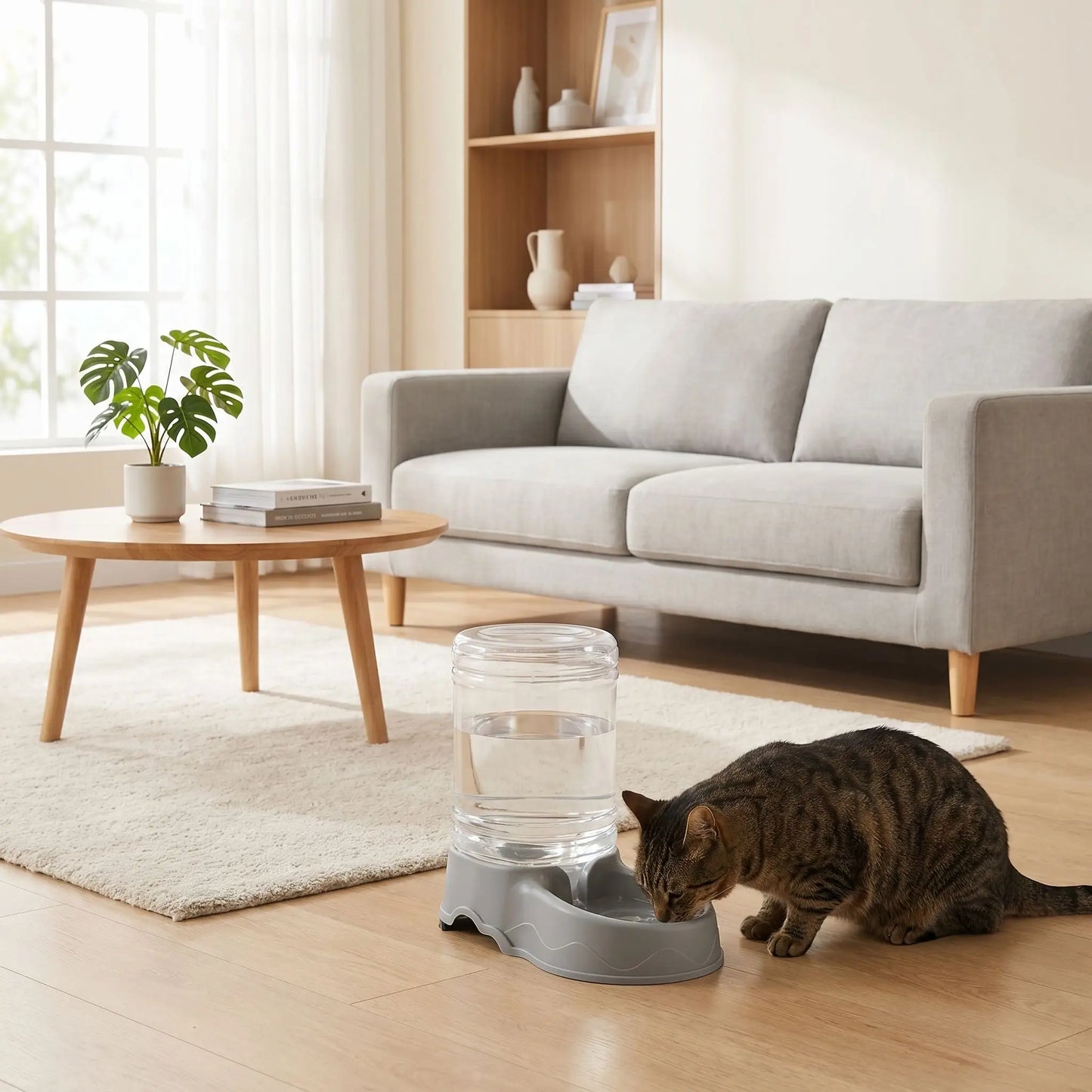 Chat qui boit dans la version eau du distributeur croquette chat ColorMeal gris