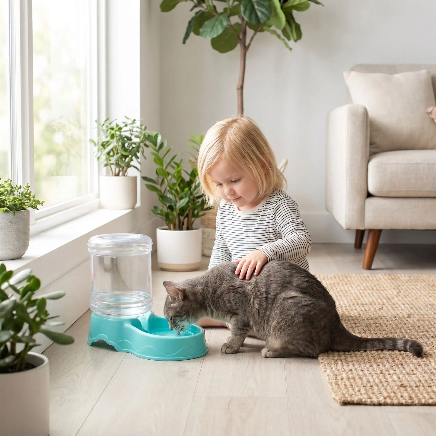 Chat qui boit dans la version eau du distributeur croquette chat ColorMeal bleu