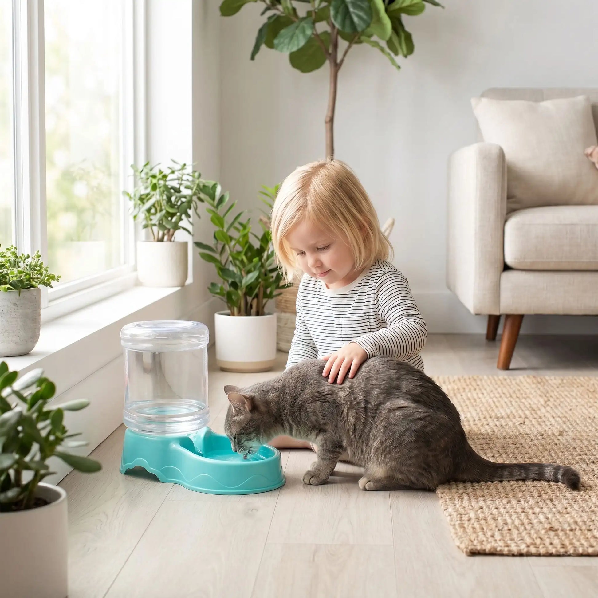 Chat qui boit dans la version eau du distributeur croquette chat ColorMeal bleu