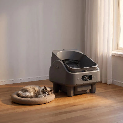 Chat qui dort devant la litière autonettoyante connecté anti odeur