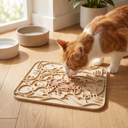 chat qui leche sa pate sur son tapis de lechage chat