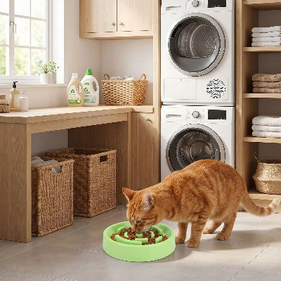 Chat qui mange dans gamelle pour chat anti glouton FeliFlow verte
