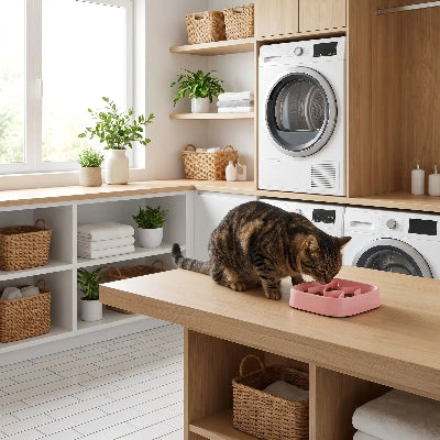 Chat qui mange dans sa gamelle anti glouton chat Félifit carré rose