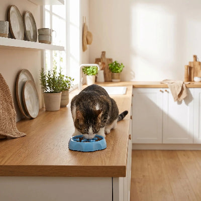 Chat qui mange dans sa gamelle anti glouton chat Félifit ronde bleue