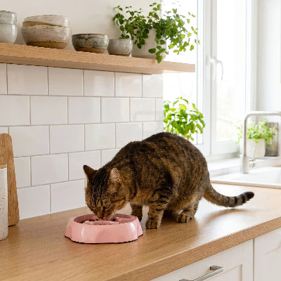 Chat qui mange dans sa gamelle anti glouton chat Félifit ronde rose