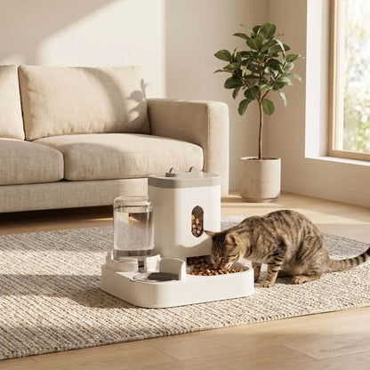  chat qui mange dans son distributeur croquette chat AutoMeal-2-en-1 gris