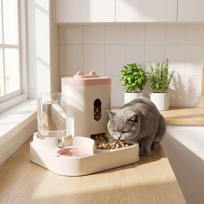  chat qui mange dans son distributeur croquette  chatAutoMeal-2-en-1 rose 