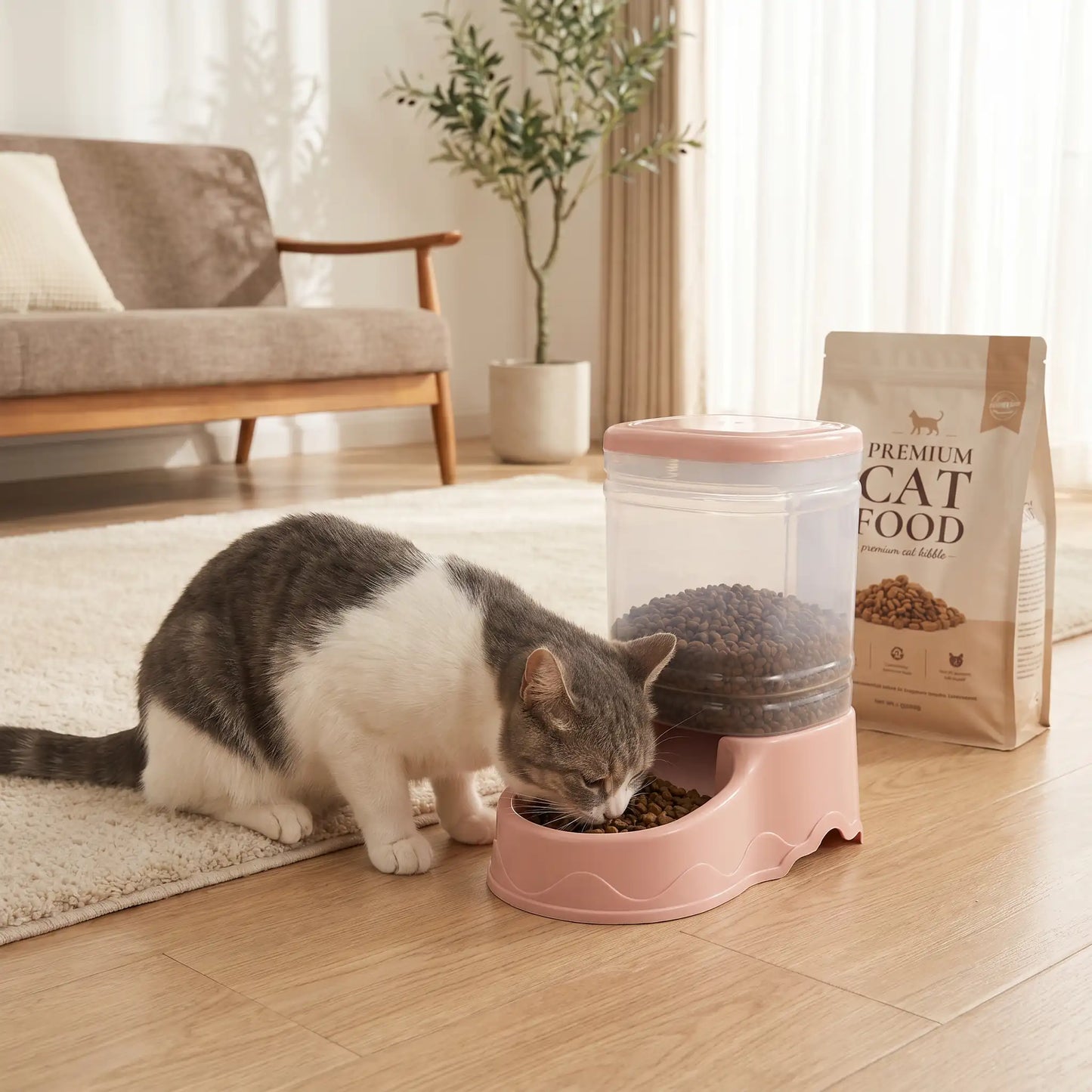 Chat qui mange dans son distributeur croquette chat  ColorMeal rose