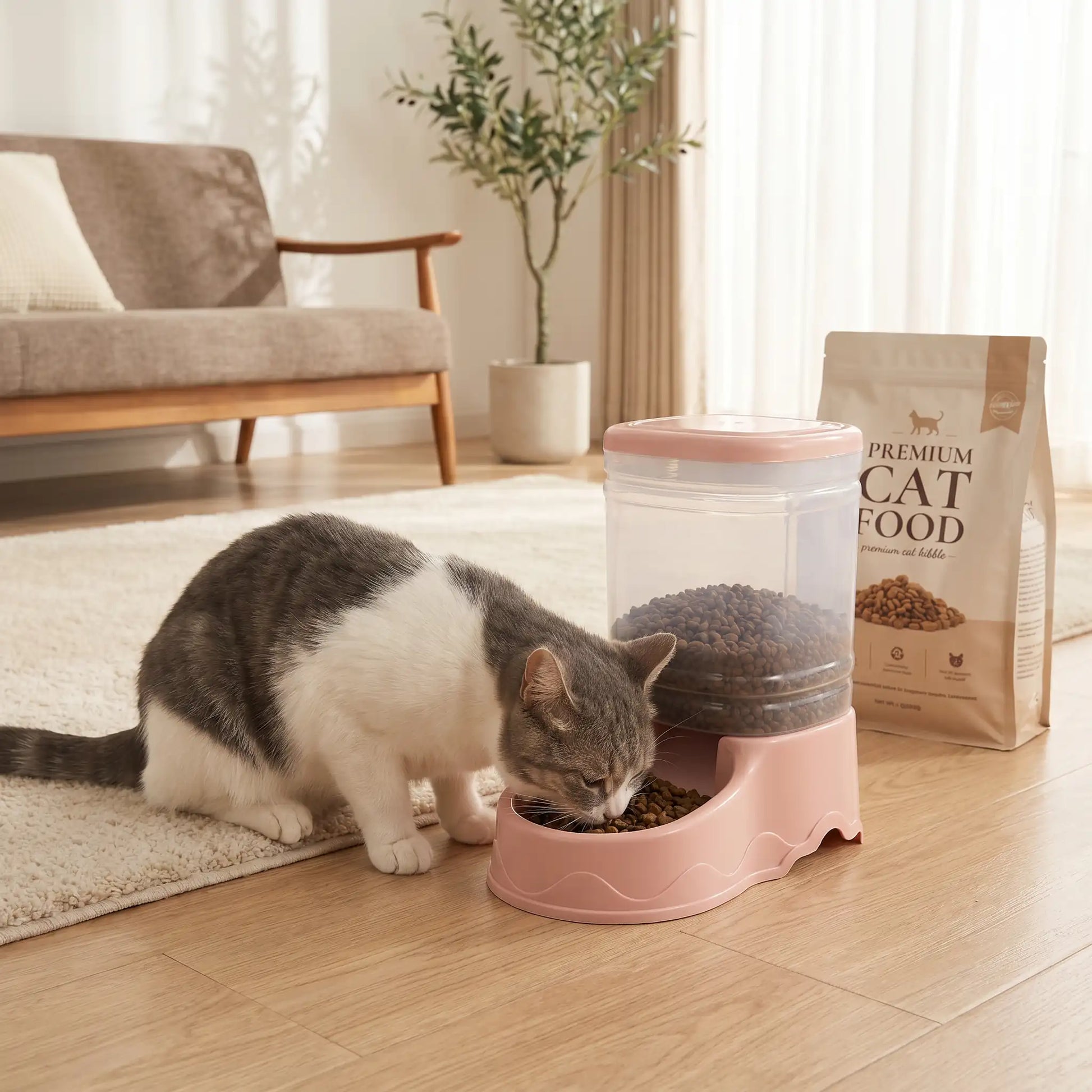 Chat qui mange dans son distributeur croquette chat  ColorMeal rose