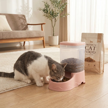 Chat qui mange dans son distributeur croquette chat  ColorMeal rose