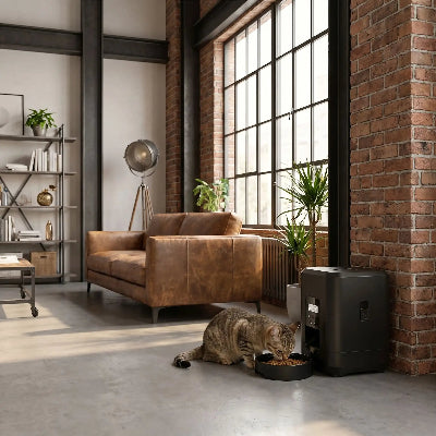 Chat qui mange ses croquettes dans distributeur de croquettes pour chat whiskerconnect