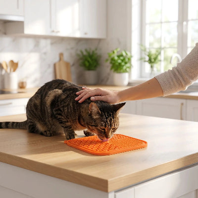 chat qui mange sur son tapis de lechage Zencolor rouge