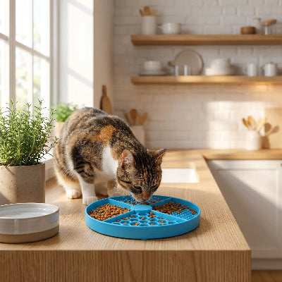 chat qui mange sur son tapis de lechage chat bleu