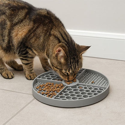 Chat qui mange sur son Tapis de lechage Chat Gris