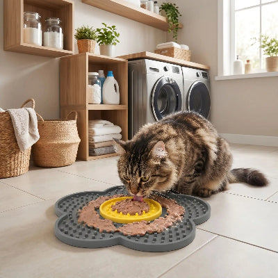chat qui mange sur son tapis de léchage chat noir