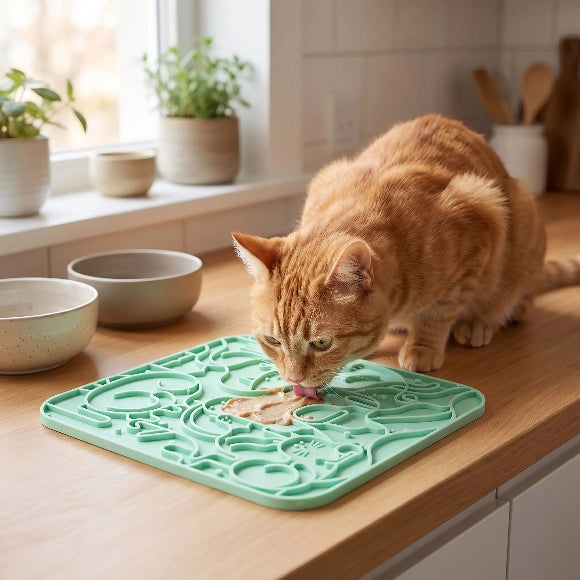 chat qui mange sur son tapis de lechage chat vert