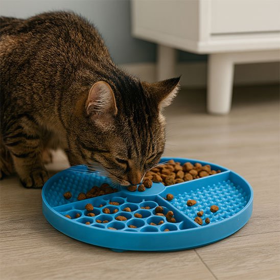 Chat qui mange sur son Tapis de lechage chat