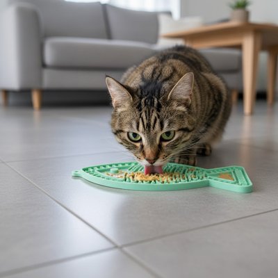 Chat qui mange sur son Tapis de lechage poisson