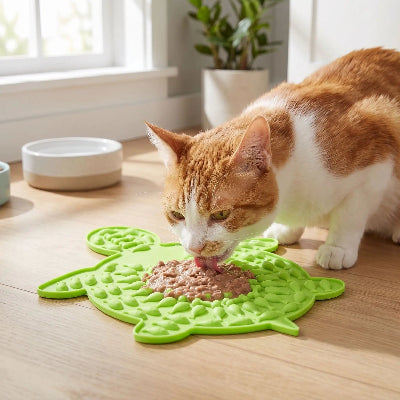 chat qui mange sur son tapis de léchage pour chat vert