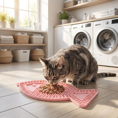 chat qui mange sur son tapis de lechage