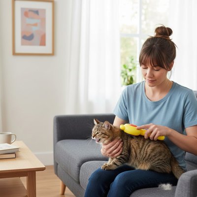 chat qui se fait brosser avec la Brosse pour Chat jaune