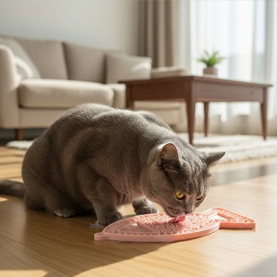 Chat qui se régale sur son Tapis de lechage