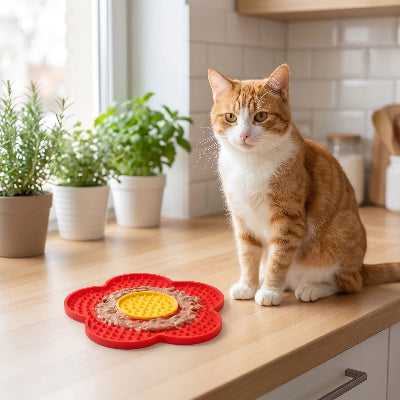 chat roux assis à côté de son tapis de léchage chat la buccolique rouge