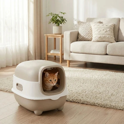 Chat roux dans bac à litière chat