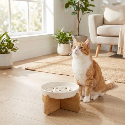 Chat roux et blanc devant gamelle  anti glouton chat ZenBowl socle blanche