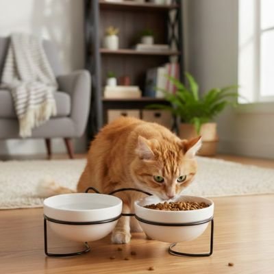 Chat roux et sa Gamelle chat surélevée 