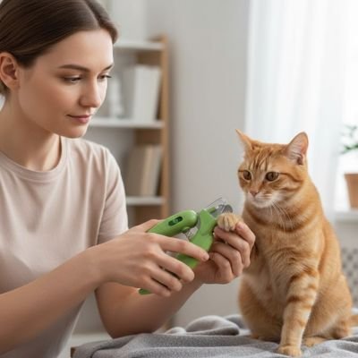 Chat roux et son Coupe griffe pour chat vert