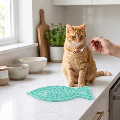 chat roux et son tapis de lechage vert
