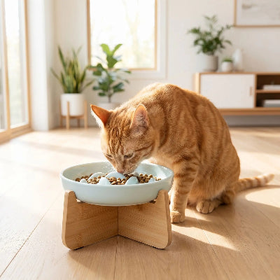 Chat roux mange dans sa gamelle anti glouton chat ZenBowl bleue.