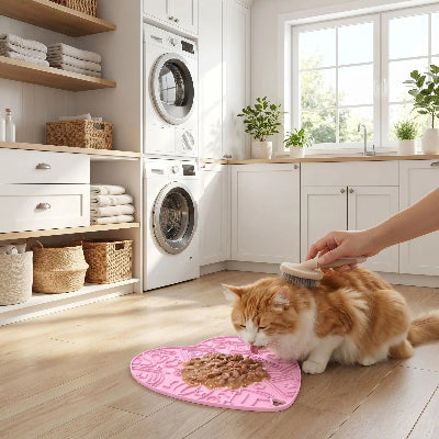 chat roux qui lèche son tapis de léchage pour chat