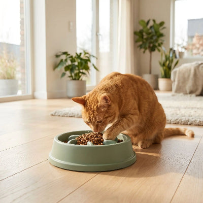 Chat roux qui mange dans gamelles anti glouton chat verte