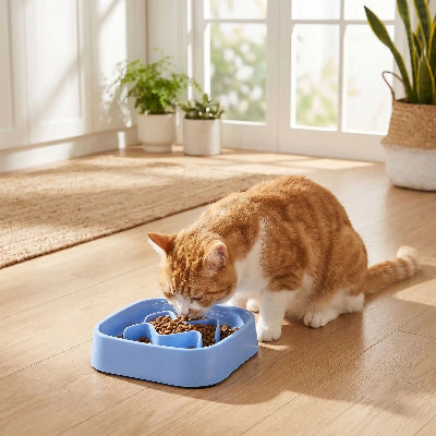 Chat roux qui mange dans sa gamelle anti glouton chat Félifit carré bleue