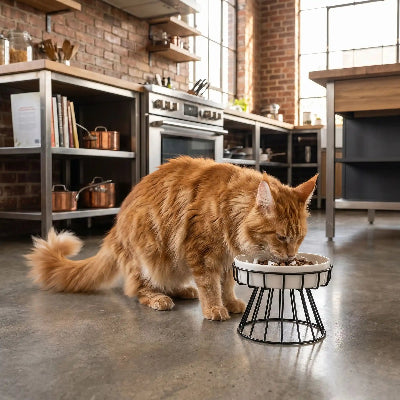Chat roux, qui mange dans sa gamelles anti glouton chat PataSnack