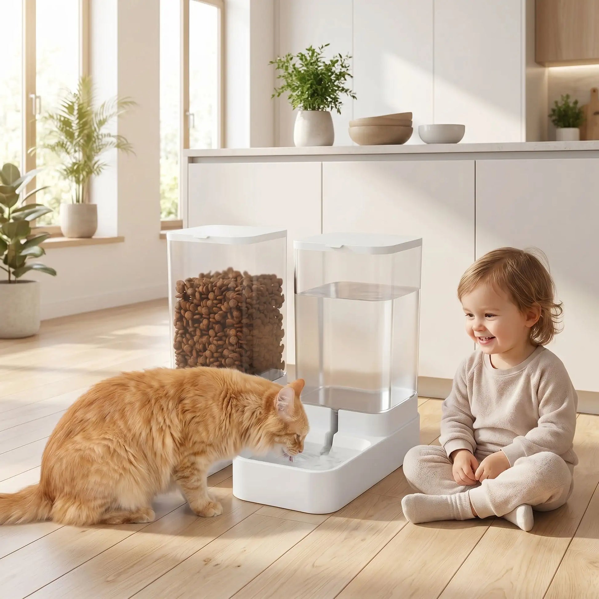  chat roux qui mange et boit dans son distributeur de croquettes pour chat Auto7days