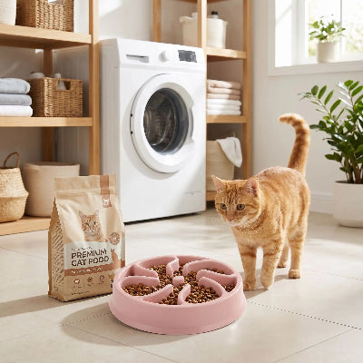 Chat roux qui se dirige vers sa gamelles anti glouton chat rose