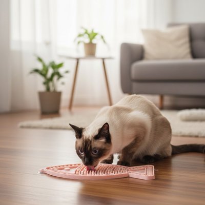 Chat Siamois et son Tapis de lechage rose