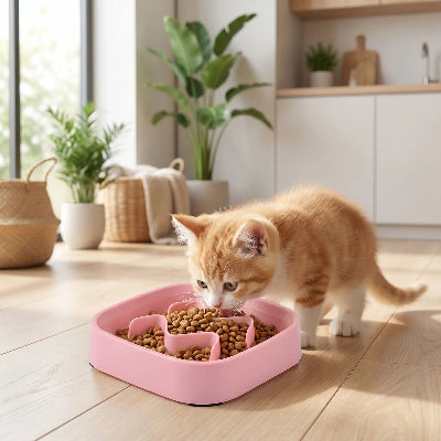 Chaton qui mange dans sa gamelle anti glouton chat Félifit carré rose