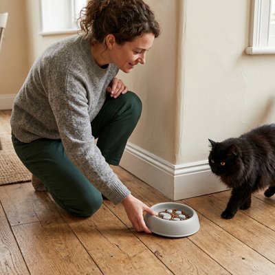 dame qui donne la Gamelle anti glouton Chat à son chat noir